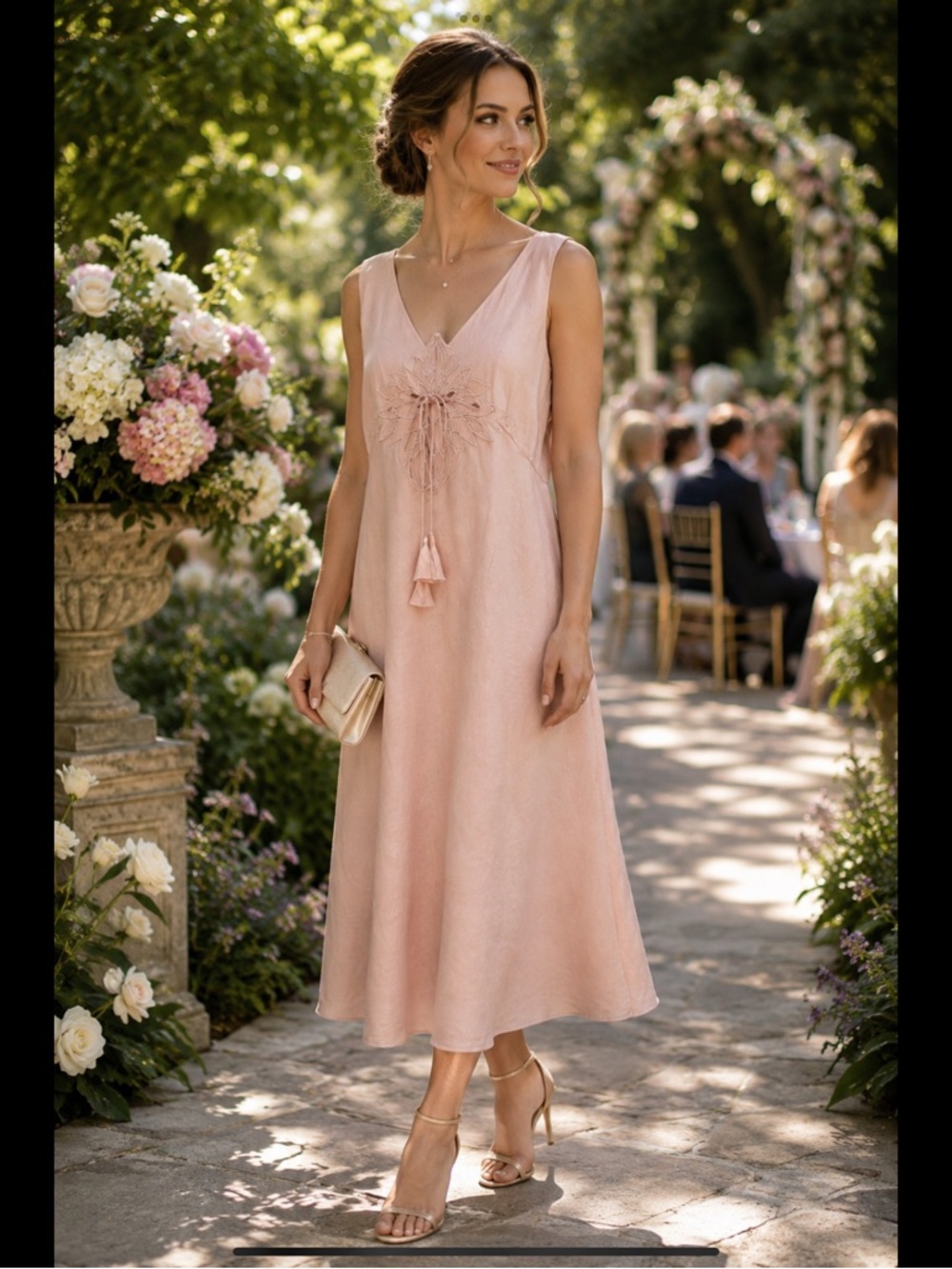 Adrianna Papell Woman 18W Blush Pink Linen Blend Embroidered Midi Dress Plus - Picture 2 of 16
